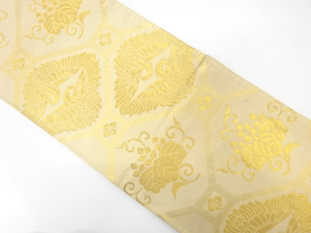 JAPANESE KIMONO / ANTIQUE FUKURO OBI / SILK / WOVEN SHOKKO & CRANES & PAULOWNIA & ARABESQUE